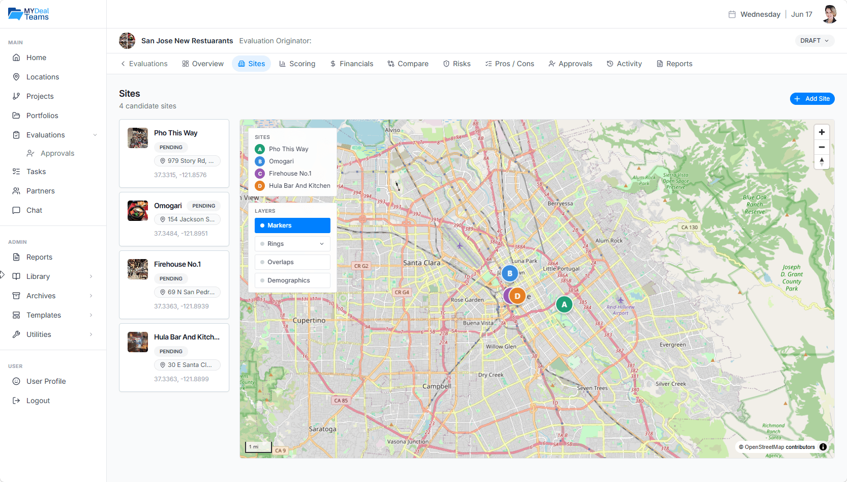 MyDealTeams Evaluations map with candidate site markers, trade areas, and demographic overlays