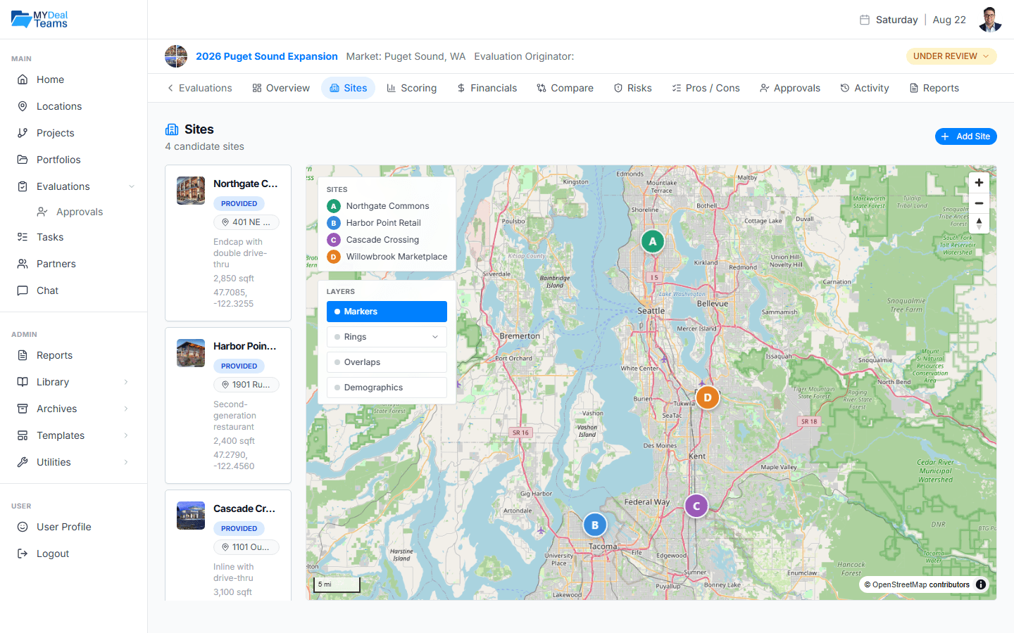 MYDealTeams evaluations workspace for structured site selection