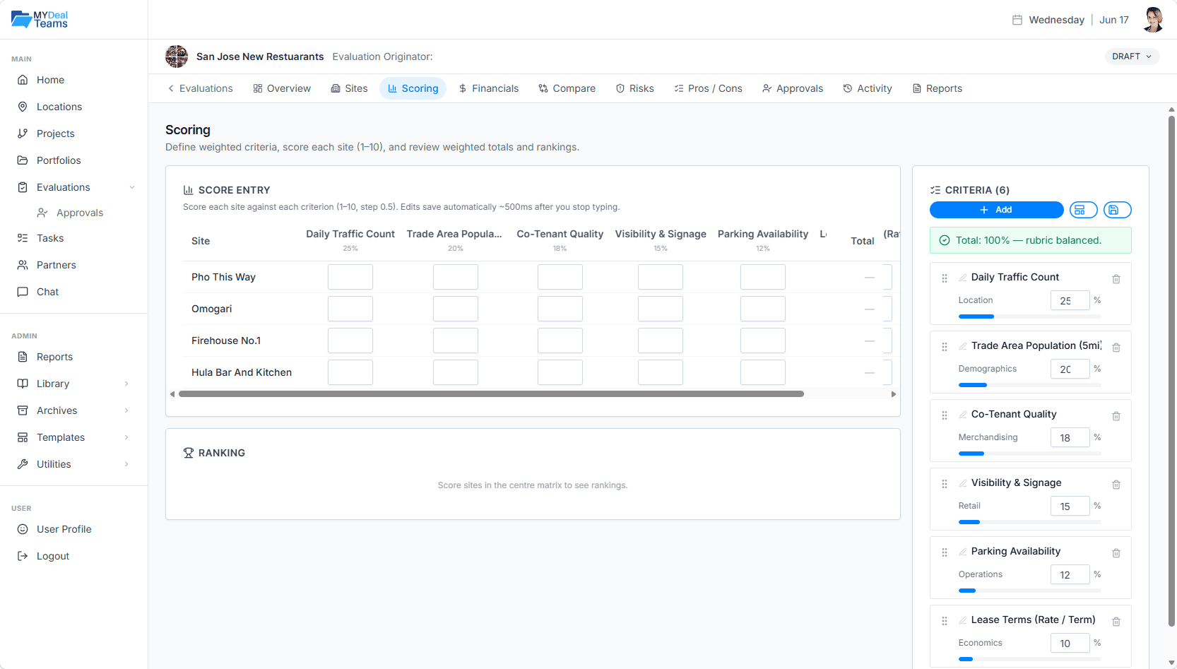 MyDealTeams Evaluations weighted-scoring workspace