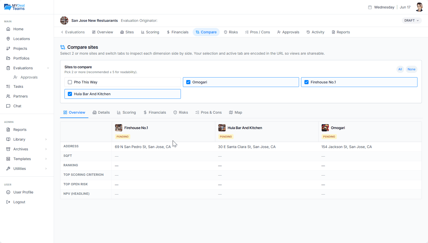 MyDealTeams Evaluations side-by-side site comparison view