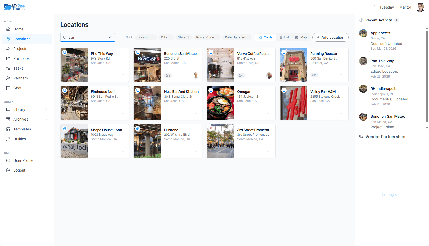 MyDealTeams locations card view with property details